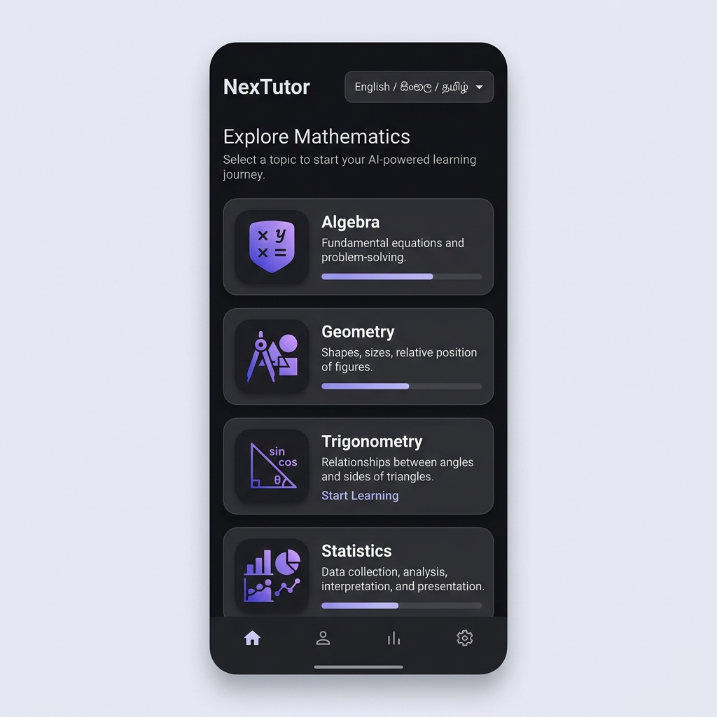 NexTutor Home Screen — Topic selection